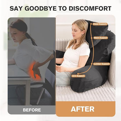 Portable Reading Pillows with Headrest for Bed Sitting Up(Light Grey Oeko-Tex), Velvet Back Pillow with Arms & Pockets for Adults, Support Memory Foam Bed Pillow for Dorm/Watching/Gaming