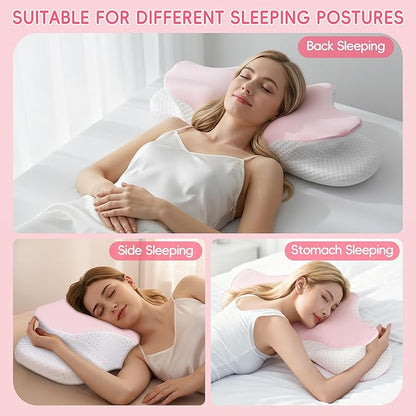 Cervical Neck Pillow for Pain Relief, Ergonomic Contour Pillow for Sleeping, 2 Heights Cooling Pillow for Neck and Shoulder Support, Memory Foam Orthopedic Pillow for Side Back Stomach Sleepers Pink