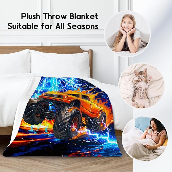 Boys Blanket, Truck Blankets Gifts for Kids, Truck Theme Throw with Fire, Cozy Flannel Throw for Boys Teens, 50"x60"