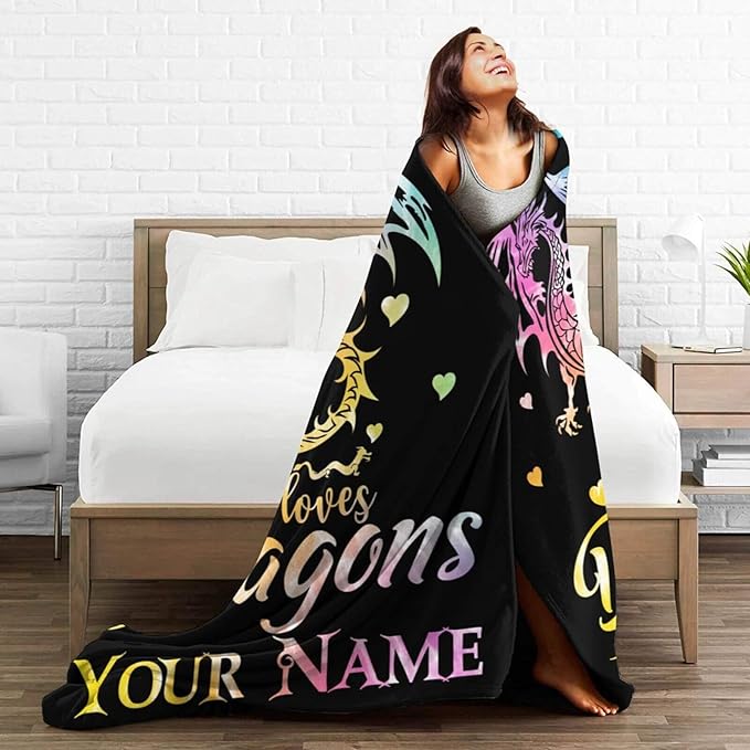 Custom Dragon Blanket with Name for Women Men, Personalized Cute Dragon Themed Design Printed Throw Blankets for Teens Adults Couch Bed, Giftable Blanket, 60"x 80"