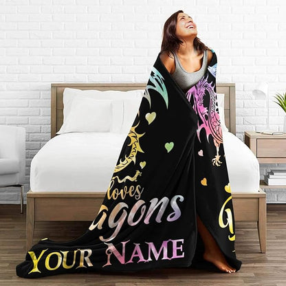 Custom Dragon Blanket with Name for Women Men, Personalized Cute Dragon Themed Design Printed Throw Blankets for Teens Adults Couch Bed, Giftable Blanket, 60"x 80"