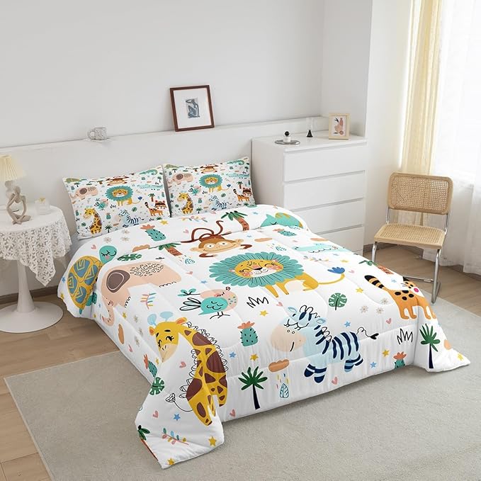 Feelyou Cartoon Jungle Animals Bedding Set Queen Size Kids Safari Zoo Animals Comforter Sets Lion Tiger Monkey Giraffe Quilt for Boys Girls Teens Child Toddler Bed Set 1 Comforter 2 Pillowcases