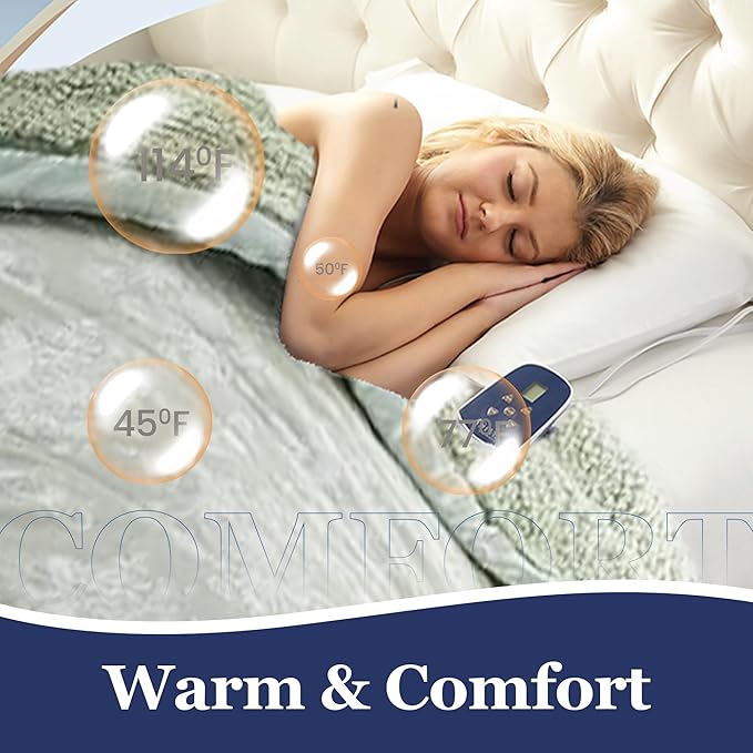 Thermee Micro Flannel Heated Blanket with Sherpa Back, 10-Setting Programmable Electric Blanket, Ultra-Soft Heated Throw Toile Celery Green