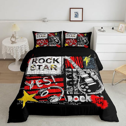 Guitar Comforter Set Full Size Rock Music Quilt Set Graffiti Headset Bedding Set 3pcs Rock Roll Theme Duvet Insert Boys Girls Teens Kids Fashion Bedroom Collections,Black Red