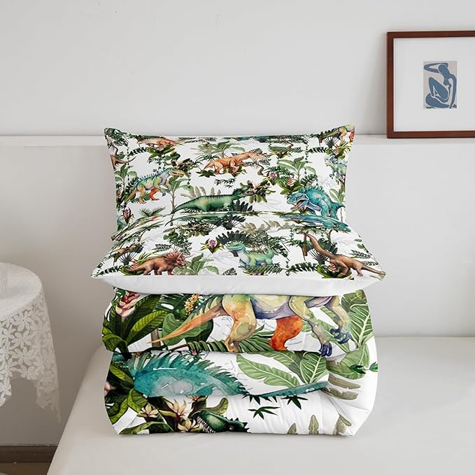 Colorful Dino Comforter Set Queen Size,Dinosaur Cartoon Wild Animal Painting Bedding Set for Women Adult,Green Leaves Tropical Botanical White Luxury Bed Duvet Insert, 2 Pillowcases