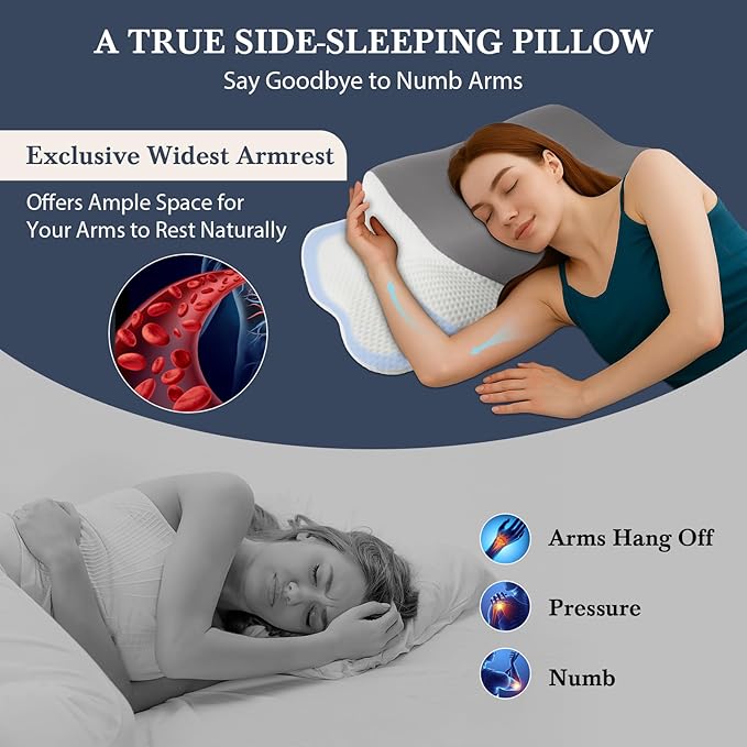 Cervical Neck Memory Foam Pillow for Sleeping, Firm Support Two Heights Side Sleeper Pillow, Ergonomic Contour Pillow for Neck Shoulder Pain Relief (Gray& White)