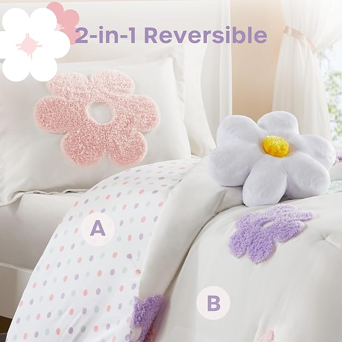 Intelligent Design Kids Twin Comforter Set for Girls, Tufted Chenille Floral, Lightweight Polka Dot Comforter Reversible Bed Set, Sham, Pillow, Gracie, Twin White/Purple 3 Piece