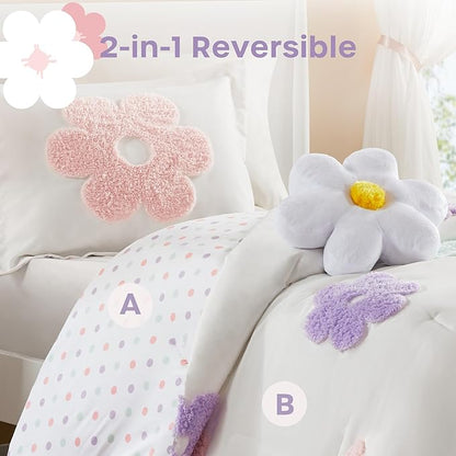 Intelligent Design Kids Twin Comforter Set for Girls, Tufted Chenille Floral, Lightweight Polka Dot Comforter Reversible Bed Set, Sham, Pillow, Gracie, Twin White/Purple 3 Piece