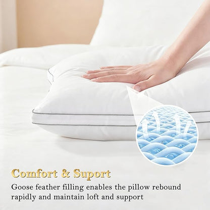 Feather Pillows Standard Size Set of 2 Goose Down Pillows with 100% Breathable Cotton Cover, Hotel Collection Bed Pillows for Sleeping, Soft Support for Back, Stomach and Side Sleepers