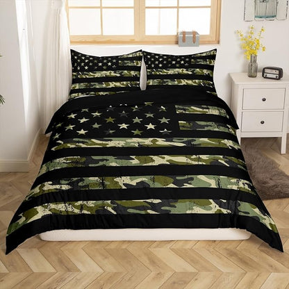 Camo American Flag Duvet Cover Queen Size, Ultra Soft 3 Piece Green Camoufalge Print and Black Stripes Comforter Cover for Children Present, USA Flag Bedding Set with 2 Pillowcases