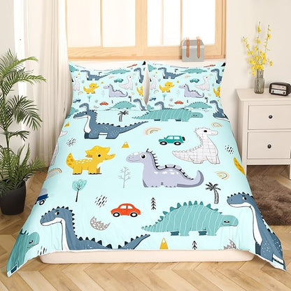 Castle Fairy Cute Car Kids Duvet Cover Set Full Size,Cartoon Dinosaur Rainbow Sketch Blue Comforter Cover with 2 Pillowcases,Kawaii Dino Colorful Wild Animal Breathable Bedspread for Boys Teens