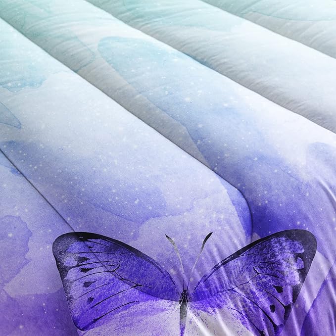 QOOMO Butterfly Comforter Twin Size,Watercolor Butterfly Kids Bedding Set,3Pcs Bedding Set Printed Comforter with 2 Pillowcases,Down Alternative,Soft and Lightweight,for All Seasons