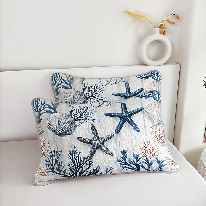 QOOMO Coastal Quilt Set Full/Queen Size,Starfish Coral Nautical Bedspread Coverlet Set,Ocean 3Pcs Bedding Set Printed Quilt with 2 Pillowcases,Soft and Lightweight,for All Seasons