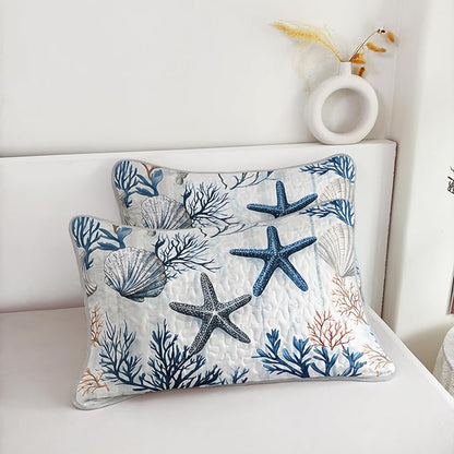 QOOMO Coastal Quilt Set King Size,Starfish Coral Nautical Bedspread Coverlet Set,Ocean 3Pcs Bedding Set Printed Quilt with 2 Pillowcases,Soft and Lightweight,for All Seasons