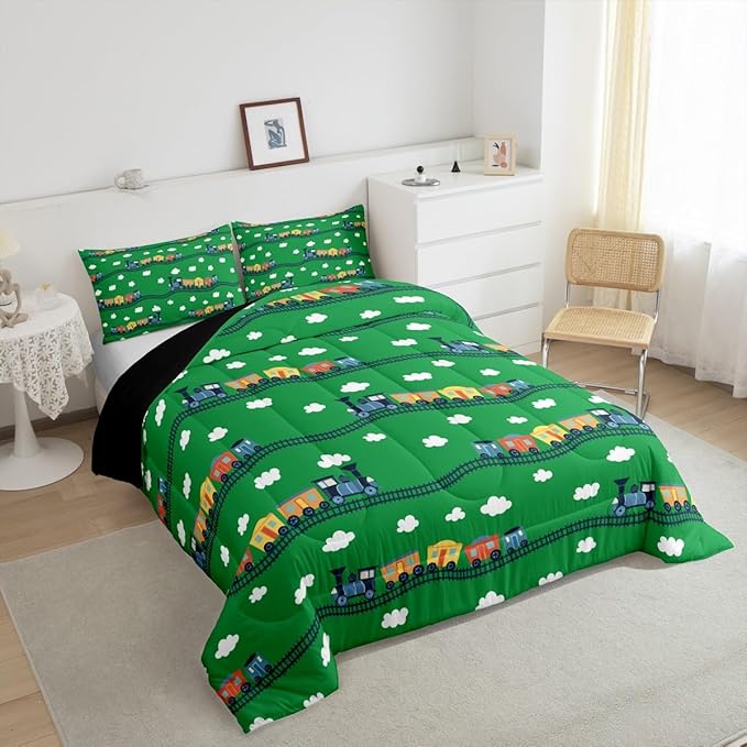 Erosebridal Locomotive Train Comforter Set Full,Cartoon Steam Engine Truck Bedding Sets for Boys Girls Colorful Railway Car Vehicles Comforter with 2 Pillowcases