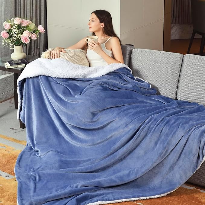 KAWAHOME Sherpa Fleece King Size Blanket for Bed - Extra Warm and Heavy Thick Blankets for Winter, Super Soft 500GSM Plush Blanket, 108" X 90" Washed Blue