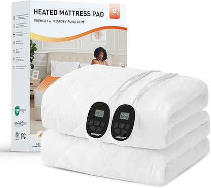 Heated Mattress Pad King Size with Dual Zone Control, 12 Heat Settings, 1-12H Timer, Preheat & Memory Function, Machine Washable Electric Bed Warmer, ETL & FCC Certified