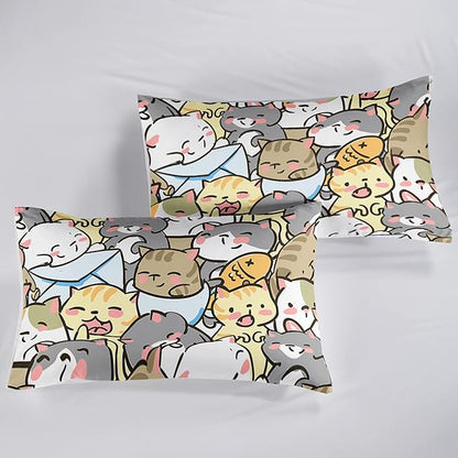 QOOMO Kawaii Cat Comforter Twin Size,Cute Cat Comforter Set for Kids Teens Girls,3Pcs Bedding Set Printed Comforter with 2 Pillowcases,Down Alternative,Soft and Lightweight，Twin Size