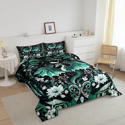 Feelyou Kids Dragon Comforter Set Twin Size, Green Dragon Bedding Set Dragon Lovers Comforter for Kids Boys Girls Boho Duvet Insert Room Decor 2Pcs