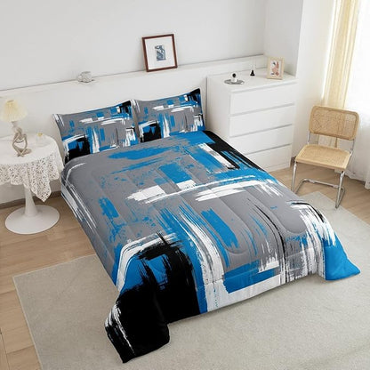 Feelyou Abstract Bedding Set Kids Modern Abstract Art Comforter Set Blue Grey Black Comforter for Boys Room Decor Lightweight Retro Duvet Set Toddler Size with 1 Pillow Case