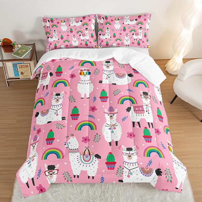 HOSIMA Kids Girls Pink Comforter with 2 Pillowcases,Cute Llama Alpaca Bed in a Bag King Size Comforter Set Animal Bedding Sets for Room Decor,Rainbow Cactus Flower Toddler Comforter.