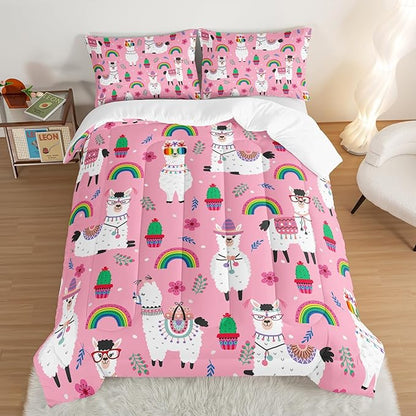 HOSIMA Kids Girls Pink Comforter with 2 Pillowcases,Cute Llama Alpaca Bed in a Bag King Size Comforter Set Animal Bedding Sets for Room Decor,Rainbow Cactus Flower Toddler Comforter.
