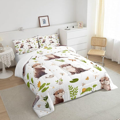 Lovely Otter Comforter Set Watercolor Green Lotus Leaf Plants Bedding Comforter for Kids Boys Girls Teens Cartoon Wild Butterfly Dragonfly Animals Bedroom Quilt Set with 2 Pillowcases Queen Size 3 Pcs