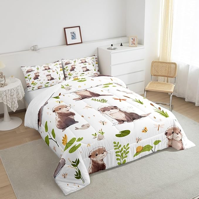 Lovely Otter Comforter Set Watercolor Green Lotus Leaf Plants Bedding Comforter for Kids Boys Girls Teens Cartoon Wild Butterfly Dragonfly Animals Bedroom Quilt Set with 2 Pillowcases King Size 3 Pcs