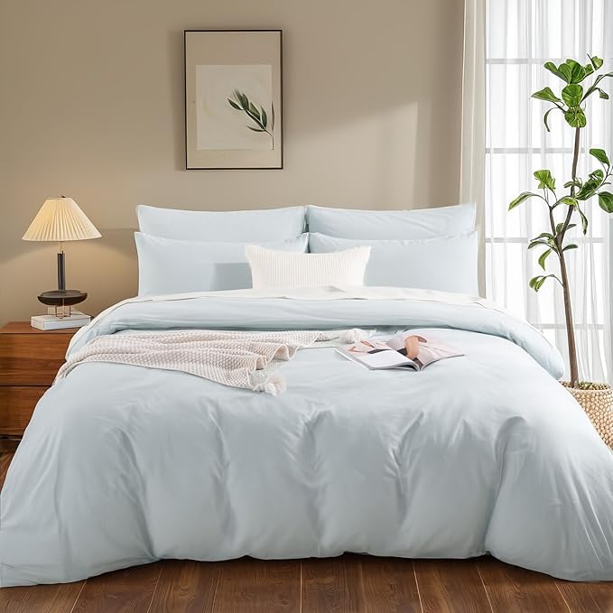 NEXHOME PRO Duvet Cover Set Twin Size Linen Look Textured Organic Natural 100% Washed Cotton Duvet Cover 2 Pieces Bedding Set with Zipper Closure, Breathable, Soft, Light Baby Blue (No Comforter)
