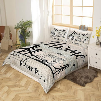 RV Happy Camping Bedding Set Queen Size,Home is Where We Park It Duvet Cover Set for Children Bedroom Present, Rustic Farm Camping Lovers Microfiber Comforter Cover with 2 Pillowcases