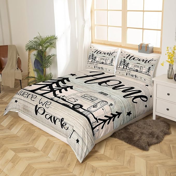 Castle Fairy RV Happy Camping Duvet Cover Set Twin Size,Home is Where We Park It Comforter Cover for Kids Boys Bedroom Gift,Rustic Farmhouse Camping Lovers Bedding Set with 1 Pillowcase Bedspread