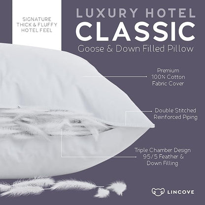 Lincove Down and Feather Luxury Hotel Collection Bed Pillows for Sleeping Made in The USA - 100% Cotton Shell, 600 Thread Count - Soft Hypoallergenic (Standard Size, Pack of 2)
