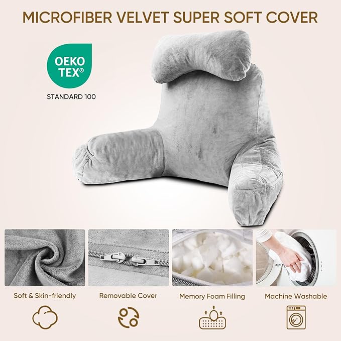 Reading Pillow for Sitting in Bed Adult, Reading Pillow with Shredded Memory Foam (LightGery, Extra Large 25" H)