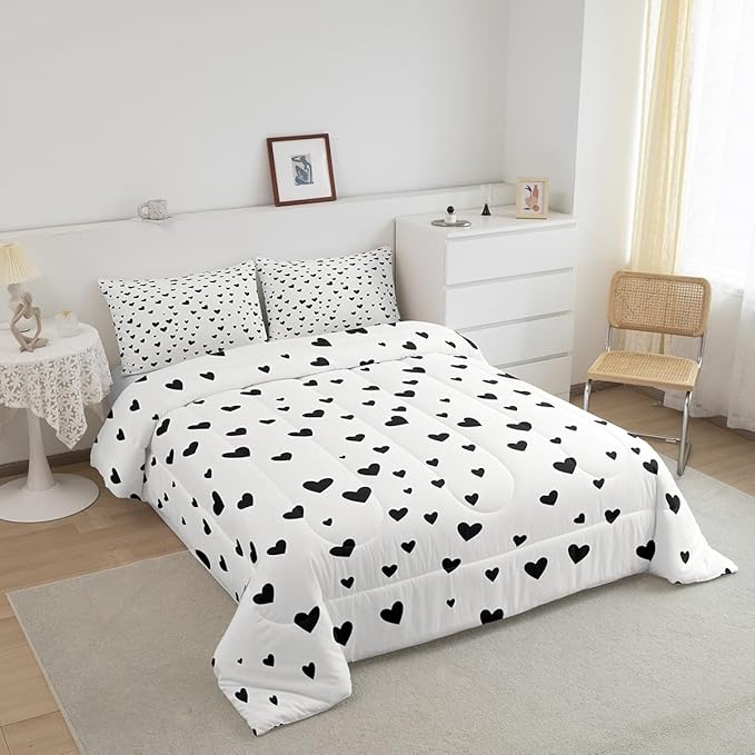 Feelyou Heart Shaped Comforter Set for Girls Boys Kids Toddler Size Soft Kawaii Comforter Room Decor Love Bedding Set Black White Duvet Set