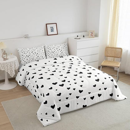 Feelyou Heart Shaped Comforter Set for Girls Boys Kids Toddler Size Soft Kawaii Comforter Room Decor Love Bedding Set Black White Duvet Set