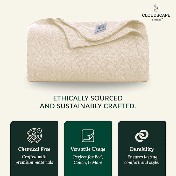 Cloud Scape Linen 100% Cotton Blanket King Size for Bed – Heavy & Soft, All Season, Winter Layering Blanket, Herringbone Weave, Best Gift for Christmas, fits Up to Cal King, 92x108, Ivory