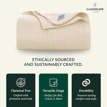 Cloud Scape Linen 100% Cotton Blanket King Size for Bed – Heavy & Soft, All Season, Winter Layering Blanket, Herringbone Weave, Best Gift for Christmas, fits Up to Cal King, 92x108, Ivory