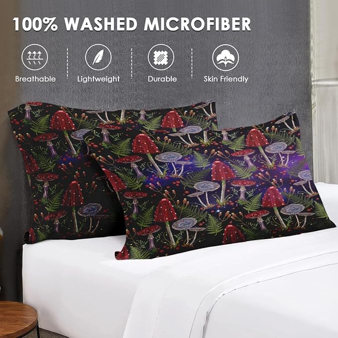 Full Size Comforter Set with 2 Pillowcases, Mushroom Gothic Fern 3 Pcs Soft Bedding for Kids and Adults, Vintage Leaf Retro Plant Comforter Set for Room Bedroom Bed Decor