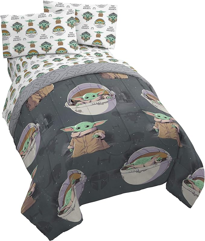 Jay Franco Star Wars The Mandalorian The Child 5 Piece Queen Bed Set - Includes Reversible Comforter & Sheet Set - Bedding Features Baby Yoda - Super Soft Fade Resistant Microfiber Official Product