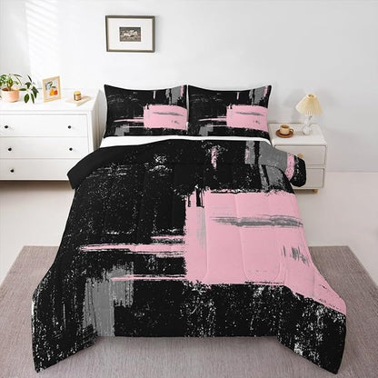 Pink Black Abstract Duvet Quilt Toddler Size Geometric Bedding Set for Kids Boys Girls Decor Modern Art Comforter Set Breathable Soft Lightweight Microfiber Buffalo Check Bedroom Decor Bedclothes
