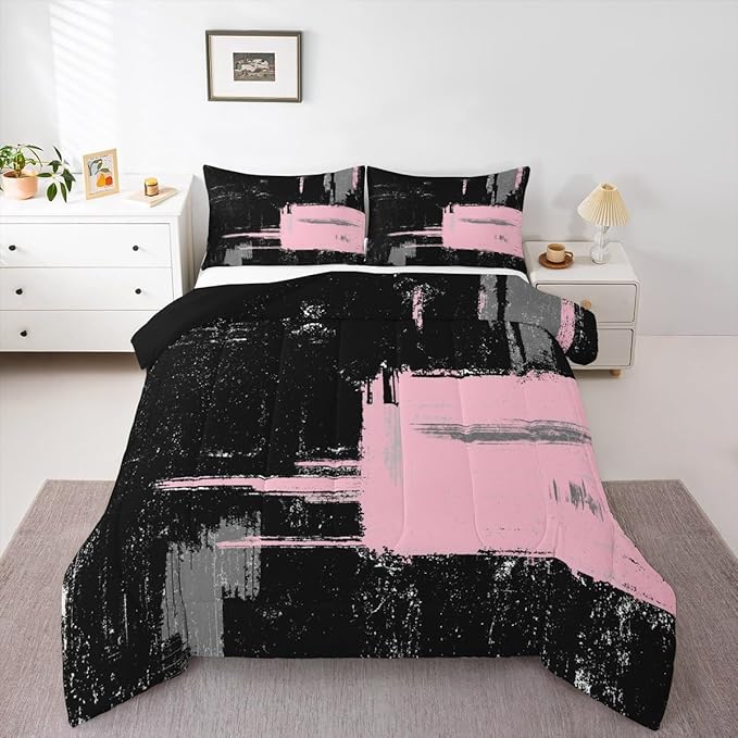 Pink Black Abstract Duvet Quilt King Size Geometric Bedding Set for Kids Boys Girls Decor Modern Art Comforter Set Breathable Soft Lightweight Microfiber Buffalo Check Bedroom Decor Bedclothes
