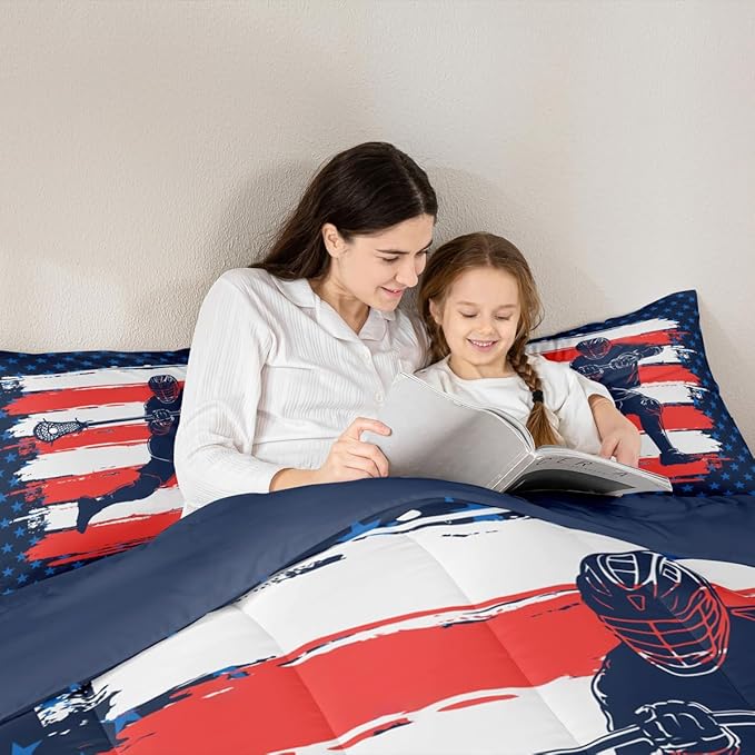 Feelyou Lacrosse Comforter Set Queen Size Boys Gilrs American Flag Sports Theme Bedding Set for Kids Adults Ultra Soft Lacrosse Player Games Comforter Navy Blue Duvet Set Room Decor Quilt Set