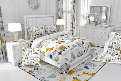 Feelyou Construction Bedding Set King Size Equipment Trucks Comforter Set for Kids Boys Girls Decor Dinosaur Comforter 3D Digital Print Yellow Duvet Set Bedroom Quilt Set