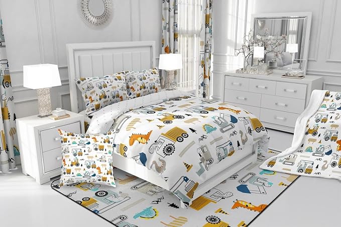 Feelyou Construction Bedding Set Twin Size Equipment Trucks Comforter Set for Kids Boys Girls Decor Dinosaur Comforter 3D Digital Print Yellow Duvet Set Bedroom Quilt Set with 1 Pillow Case