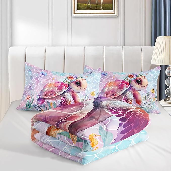 Axolotl Turtle Bedding Set King for Kids Boys,Colorful Underwater World Comforter Set for Girls Teens,Ocean Sealife Comforter with Jellyfish,Colorful Fish Scales Print Bedding,1 Quilt 2 Pillowcases