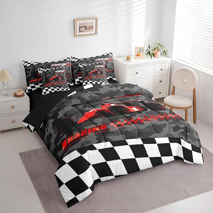 Feelyou Red Racing Car 7 Piece Bedding Set King Size Kids Boys Cartoon Race Car Comforter Set with Sheets for Teens Toddler Extreme Sports Bed in a Bag Camouflage Bed Set