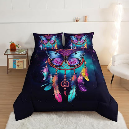 HOSIMA Dream Catcher Comforter Set 3Pcs,Indian Hippie Feather Twin Comforter Boho Chic Bedding Set for Teens Adults Girls Room Decor Native American Gypsy Butterfly Comforter.