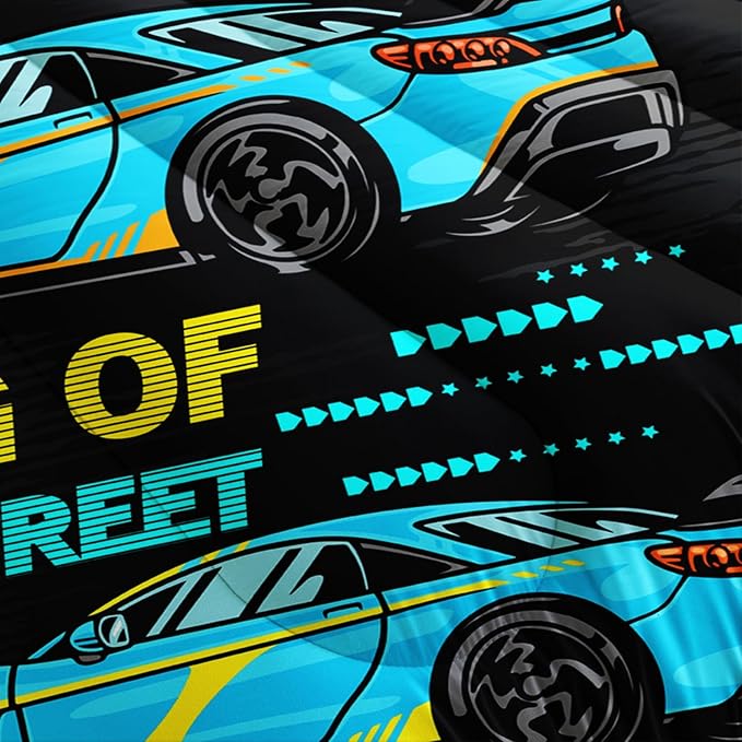 Car Bed for Boys Full Comforter Set,Kids Racing Car Comforter Extreme Sports Bedding Set for Teens Boys Race Car Room Decor,Cool Blue Themed Children's Bedding with 2 Pillowcases.