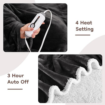Electric Heated Blanket Throw Size - 50"x60", Soft Flannel Heating Blanket, 4 Heating Levels, 3 H Auto Shut Off, Breathable Warm and Washable for Sofa, Dark Grey