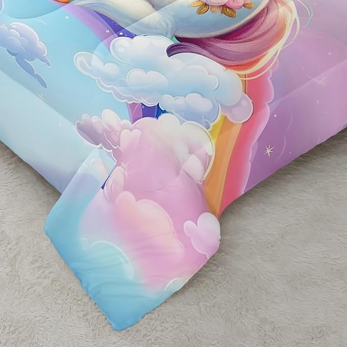 Unicorn Kids Bedding Set for Girls Full Size, Pink Unicorn Rainbow Comforter Set, Bedroom Decor with 2 Pillowcases for All Season